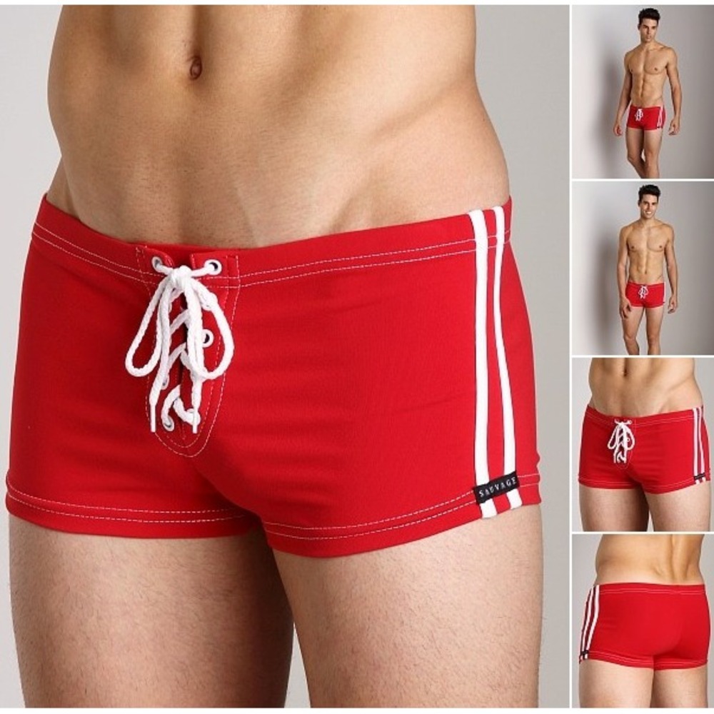 Sauvage Football Lace-Up Swim Short Red/White Mens Medium Retro Summer Beach EUC